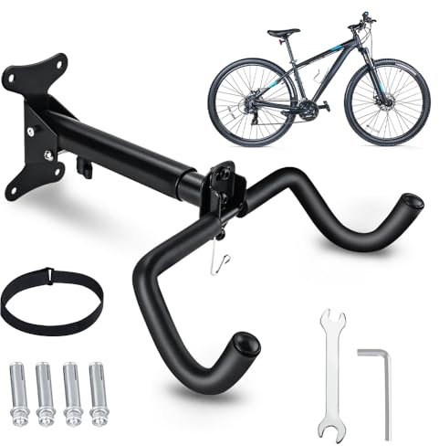 Bike Wall Mounts Cycling Rack Hanger, Bicycle Wall Mount Bracket Adjustable length, Wall Holder Hook for Road Mountain Hybrid Bikes with 4 Mounting Expansion Screws & Allen Key & Tire Strap