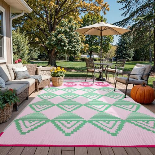 Beeiva Wasserdichter Outdoor-Teppich, wendbar, Kunststoff, Stroh, Terrassenmatte, modern, geometrisch, groß, Outdoor-Camping-Teppiche für Veranda, Deck, Hinterhof, Balkon, Picknick, Rosa und Grün