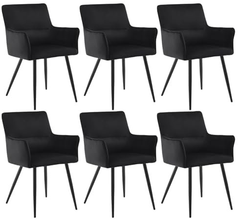 CLIPOP Esszimmerstuhl 6er Set Samt Küchenstuhl Polsterstuhl mit Armlehne und Metall Beine, Retro Design Armlehnstuhl Sessel für Wohnzimmer Esszimmer (6er, Samt Schwarz)
