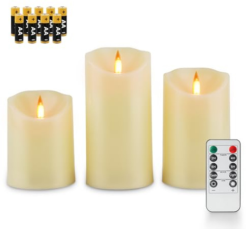 Fanna 3 Elfenbein LED Dynamische Flammenkerzen mit Fernbedienung für Kirche und Hochzeiten, Kunststoff Flammenlose Kerzen Realistische Flammeneffekte mit Timer, Batterien enthalten - H 10/12,5/15 cm
