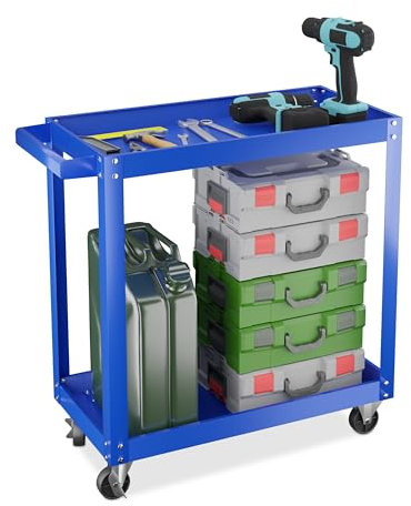 Relaxdays Carrello Portautensili Officina, Carrellino a 2 Ripiani Porta Attrezzi Lavoro, 76x78x35 cm, Max. 100 kg, Blu, Acciaio, Gomma, Ferro