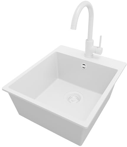 PRIMAGRAN Fregadero Granito Todo Blanco 43x50cm, Cocina 1 Seno + Grifo 32x20cm + Sifón, Sobre encimera al mueble 45cm - Riga S081