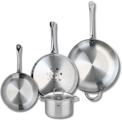 ELO 9511050 Batterie de cuisine 4 pièces, Ensemble de 3 Poêles de cuisson 24, 28 et 32 cm et 1 faitout 16 cm Elo Profi Citrin, inox, induction