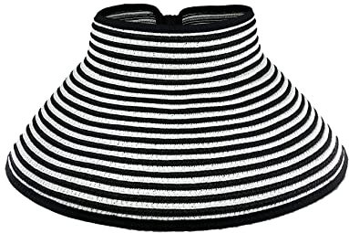 AUSUAYA Chapeau de paille d'été pour femme pliable avec large bord, protection UV pour plage et voyage IT-SH-3M, Bande blanche et noire, Taille Unique