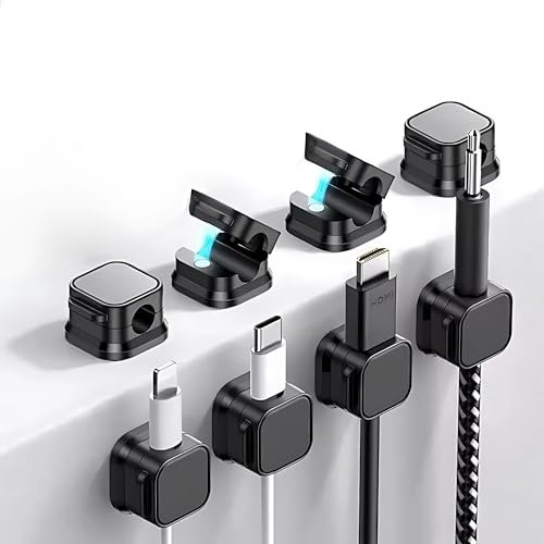 Magnetic Cable Clips 8 Pack - Self Adhesive Cord Organizers for Desk – Strong Cable Management Clips for USB, Charger, HDMI, Power & Laptop Wires – Cable Tidy Holders (Black Square Magnetic)