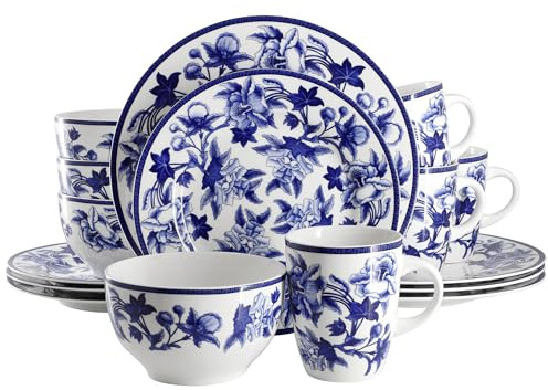 Elama Cattleya Orchid Geschirr-Set, rund, Porzellan, Blau und Weiß, 16-teilig