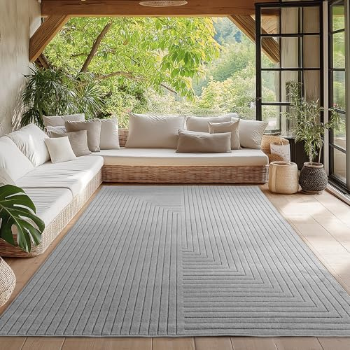 HomebyHome Kurzflor Teppich 140x200 cm Grau Wohnzimmer, Schlafzimmer, Küche, 3D Hoch-Tief-Effekt, Skandinavisch Boho Motiv, für Outdoor Bereich geeignet Terrassen oder im Balkon
