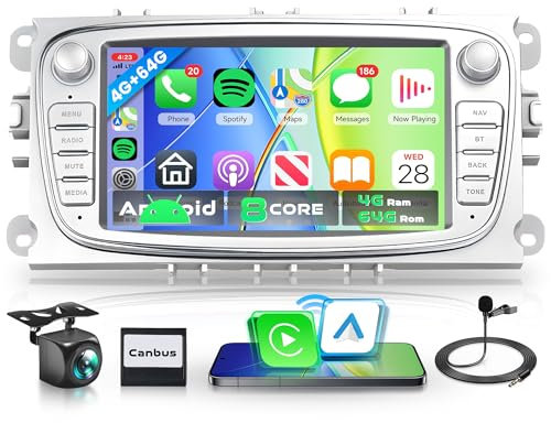 8 Core 4G+64G Inalámbrico Carplay Android Radio Coche para Ford Focus II mk2 Mondeo S-Max C-Max Galaxy Kuga 7 Pulgadas Radio Coche Android Auto GPS WiFi Mirror Link Bluetooth FM/RDS/DSP Cámara Trasera
