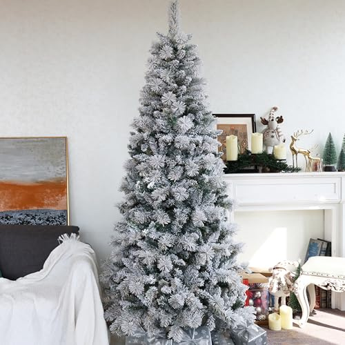 Asinse 150 cm Slim Schneebestäubter Weihnachtsbaum – Premium Qualität Unlit Pencil Klappbar Kiefer Tree, Weiß Heavy Snow Flocking, 450 Branch Spitzen, Kiefer Needles, Easy Assembly