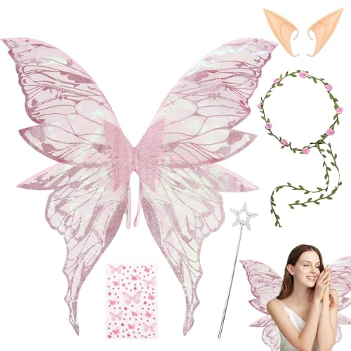 XEERUN Ailes De Fée Adulte, Ailes De Papillon, Fairy Wings Adult, Ailes De Princesse avec Oreilles D'elfe, Baguettes De Fée étoile (Rose)