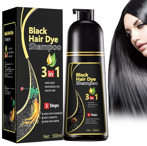 Black Hair Dye Champú 3 en 1 para teñir el cabello negro, color negro contra canas, tinte semipermanente para hombres y mujeres (500 ml)