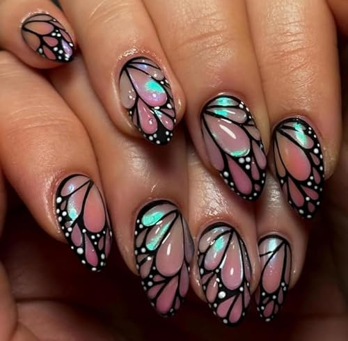 24PCS Almond Press On Nails Medium Length – Glossy 3D Butterfly & Summer Flower Charm Design – French Tip Art Fake Nails, Handmade Stick On DIY Stickers for Women - Cute Elegant Style