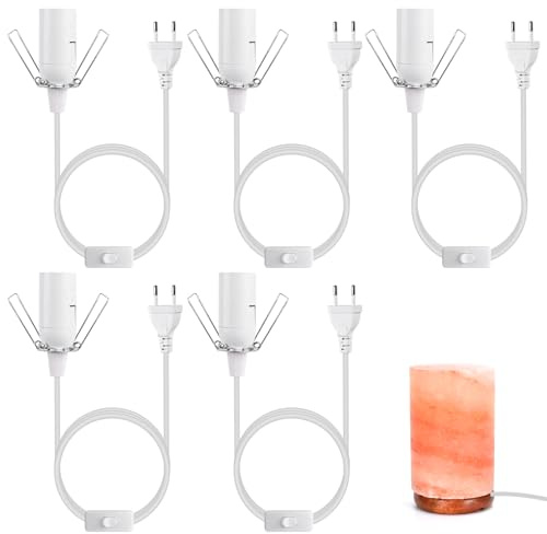 GOMETY 5 Douilles E14 avec Interrupteur, Câble de 1,8 m avec Interrupteur pour Lampes de sel, Câble pour Lampes de sel, Kit de Douilles E14, Douille Blanche pour Suspensions, Plafonniers et lustres