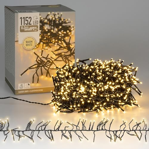 ECD Germany LED Cluster Lichterkette 8,5m 1152 LEDs Warmweiß mit Timer und 8 Leuchtmodi, strombetrieb, IP44 Innen/Außen, Weihnachtsbeleuchtung Weihnachtsbaum Büschel Lichterkette Büschellichterkette