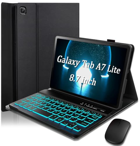 Keyboard Case for Samsung Galaxy Tab A7 Lite 8.7 inch (2021) ， 7-Color | 7-Color Backlighting, Detachable Bluetooth Wireless Keyboard and Mouse, Built-in Pen Slot, Lightweight and Portable - Black