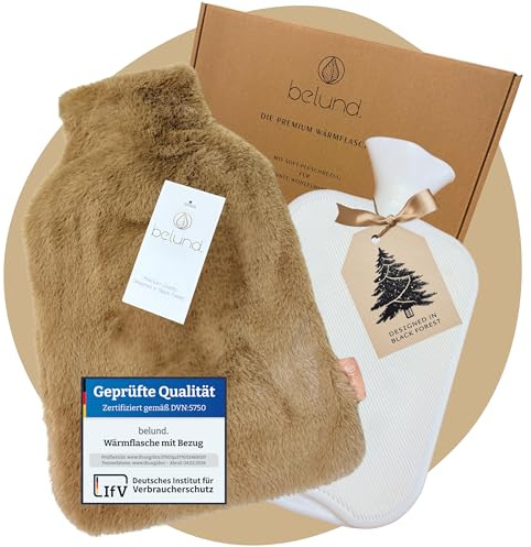 Wärmflasche mit flauschigem Bezug 1,8 L – Auslaufsicher & BPA-frei – Weiche Premium Bettflasche mit Geschenkverpackung, lange warm & waschbar – Hot Water Bottle brown – belund.® – Caramel Braun