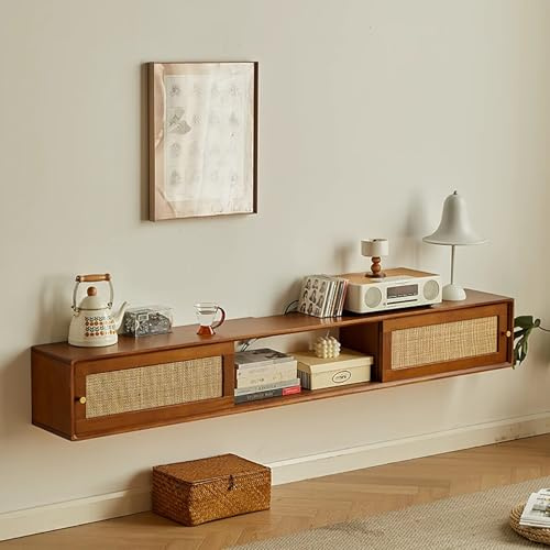 Meuble TV mural en rotin avec porte et étagères flottantes pour console multimédia, centre de divertissement élégant, grand banc de rangement TV, solution de décoration d'intérieur moderne