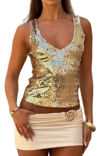 Yassiglia Damen Glitzer Oberteile Elegant Spaghetti Tank Top Sexy Ärmellos Crop Tops Vintage Pailletten Oberteil für Karneval Party Y2k Aesthetic Clothes