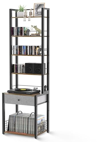 VIPLEEO CD Storage Rack, 6-Tier DVD Organizer Shelf with Drawer & Adjustable Book Stoppers, Vinyl Record Holder &Multi-Purpose Media Organizer, Ideal for Living Room/Home Office,15.7x11.8x64.3Inch