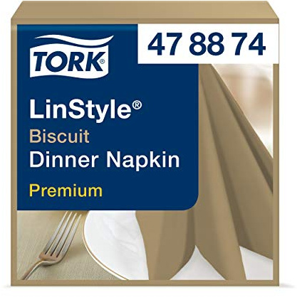 Tork 478874 Premium Linstyle Biscuit Dinner Napkin / 1 Ply Absorbent Unprinted Serviette in Brown / 12 x 50 Sheets (WxL: 19.5cm x 19.5cm)