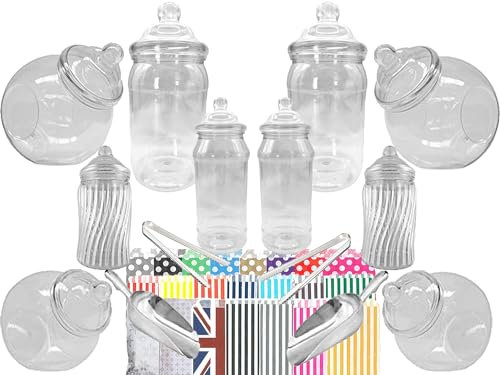 LARGE 10 MIXED Plastic Sweet Jars, 2 Tongs, 2 Scoops, 100 Bags - Vintage Victorian Pick & Mix Sweet Shop Candy Buffet Kit Party Pack (Gold)
