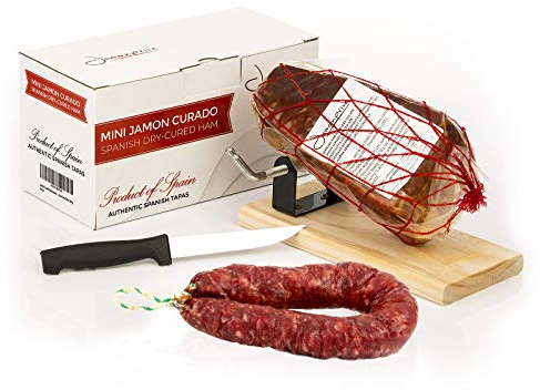 Jambon Serrano Cru Désossé & Support à Jambon + Couteau 1 Kg (Jamon Serrano) + Saucisson (Salchichón) Serrano 200 gr