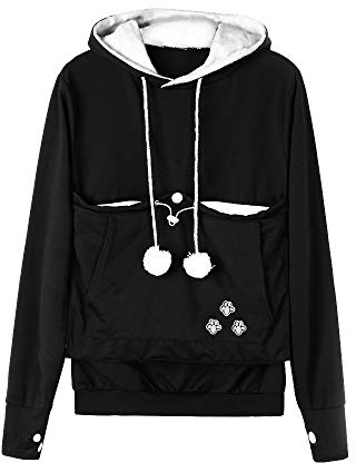 Dehots Damen Pullover Kapuzenpullover mit Katzen Hund Tasche Hundetasche Katze Sweatshirt Pulli Hoodie Kapuze Katzenpulli Beutel Langarm Herbst Winter große größen, Mit Velvet - Schwarz, XX-Large
