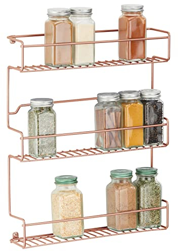 mDesign Küchenregal aus Metall – selbstklebendes Gewürzregal zur Wandmontage mit 3 Ebenen – ideal als Gewürzständer für Küche und Vorratskammer – kupferfarben
