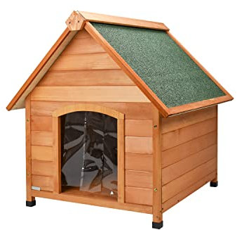 Cuccia in Legno da Esterno per Cane con Tetto Spiovente e Tenda Termica Misura Small/Medium 80x83x86h