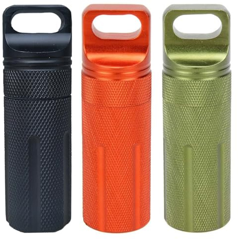 Bouteille étanche - Pilulier étanche en métal - Capsule de survie - Réservoir pour chasse, camping, alpinisme (tête ronde, noir+orange+vert)