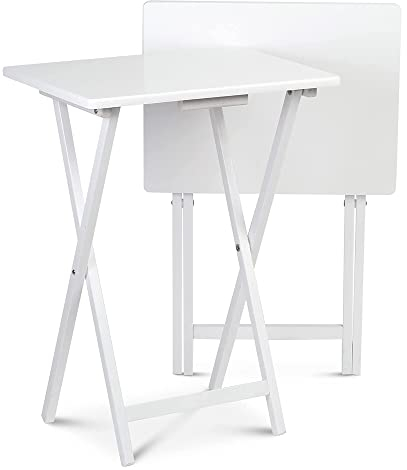 PJ Wood Side Table 2 Set 100% Wood, TV Tray Table, Folding Tables, Snack Table, Coffee Table, Table for Small Space, Living Room, Wood Frame, White Color