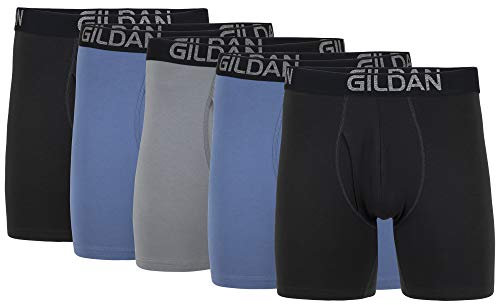 Gildan Men's Cotton Stretch Boxer Brief, Multipack, Black Soot/Slate Blue/Grey Flannel (5-Pack, Regular Leg), XXL (Pack of 5)
