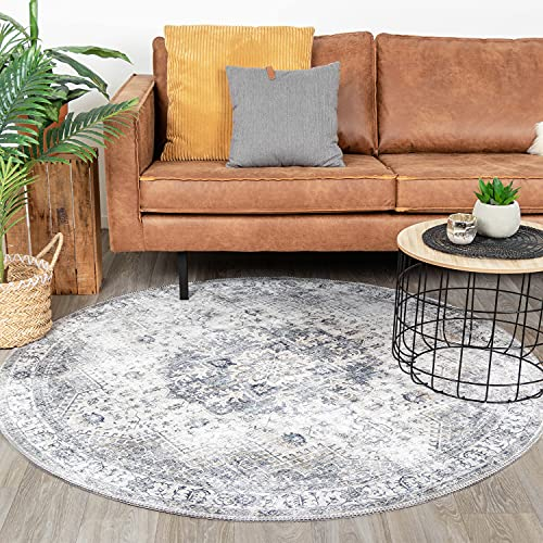 FRAAI | Home & Living Teppich Vintage Rund - Lago Grau - Baumwolle, Polyester - Flachgewebe - Vintage - Orientalisch - Wohnzimmer, Esszimmer, Schlafzimmer - Carpet