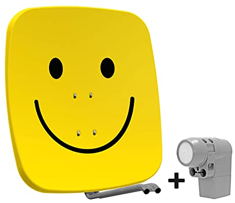 TechniSat SATMAN 65 PLUS – Satellitenschüssel für 8 Teilnehmer (65 cm Sat Komplettanlage, Spiegel mit Masthalterung und UNYSAT Universal-Octo LNB im Wetterschutz-Gehäuse) gelb mit Smiley