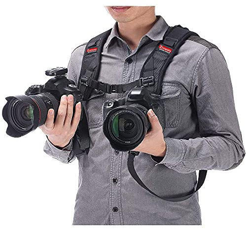 Ztowoto Double Shoulder DSLR SLR Camera Strap Harness with Quick Release, Adjustable Dual Tether and Safety Tether, Cleaning Cloth