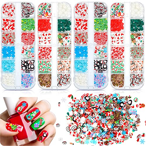 Leelosp 4 Boxes Christmas Glitter Nail Charms 3D Santa Claus Tree Decals