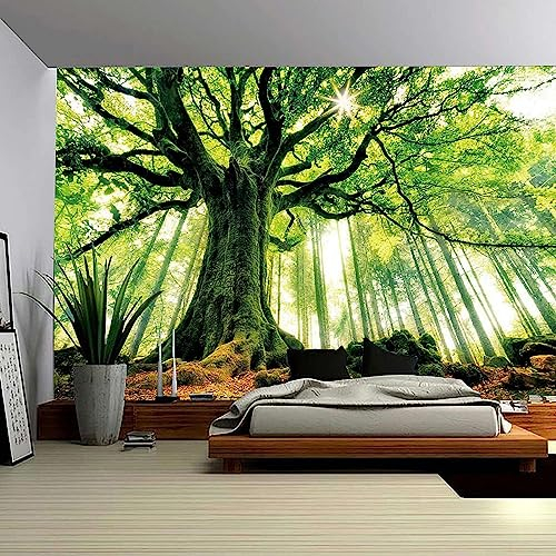 Enjohos Wandteppich mit Naturwald, dicker Baum, mittelgroß, 3D-Druck, Wandkunst, zum Aufhängen für Schlafzimmer, Wohnzimmer, Wohnheim-Dekoration, Grün und Weiß, 229 cm (L) x 150 cm (B))