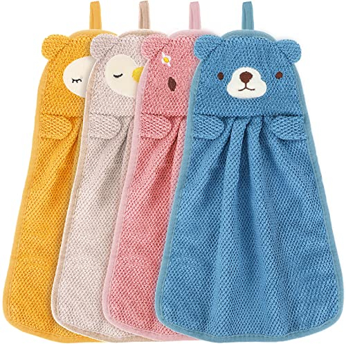 4 Toallas de Mano para Niños Toallita de Animal Lindo Toallas Absorbentes de Microfibra Toallas Faciales de Secado Rápido con Bucle Colgante para Cocinas y Baños