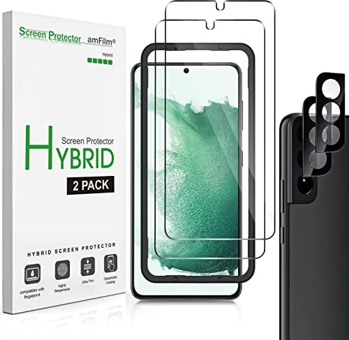 amFilm (2+2 Pièces Protection d'écran Hybrides pour Samsung Galaxy S22 5G avec Protecteurs de Verre Trempé d'objectif de Caméra, Compatible avec Identification d'empreintes Digitales, HD Clear