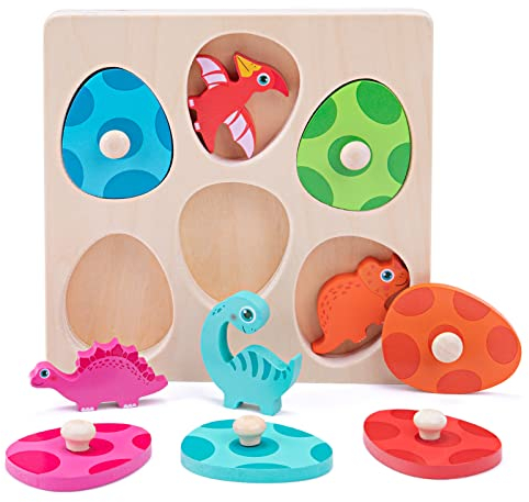 YGJT Greifpuzzle Holzpuzzle ab 1 Jahr | Montessori Holzspielzeug 12-36 Monate Mädchen und Jungen | Dino Eier Steckpuzzle Kinder Sortierspiel Motorikspielzeug Lernspielzeug | Ostern Geschenk für Baby