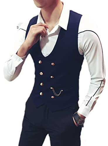 Herren Doppelreihige Weste Frühling Slim Ärmellos Formal Anzugweste Grau Schwarz Mode Herren Business Casual Anzug Weste, dunkelblau, M