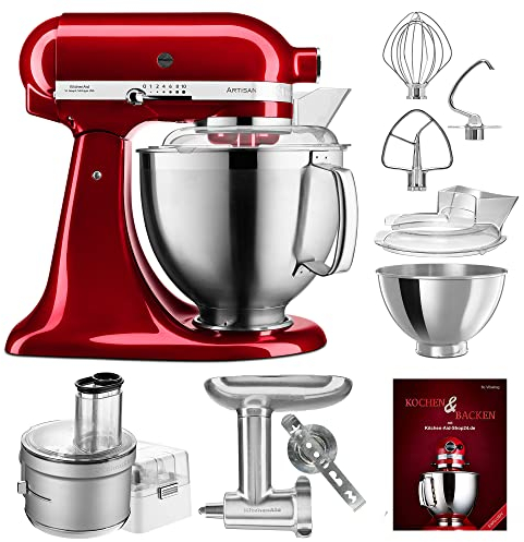 KitchenAid Küchenmaschine Artisan - P24 Food Processor Set Spezial 185er (M) - 5KSM185PSECA inkl. Food Processor Vorsatz (5KSM2FPA), Fleischwolf Ganzmetall (5KSMMGA) und Kochbuch (Kochen & Backen)