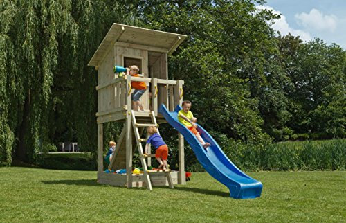 Gartenwelt Riegelsberger Spielturm Beach Hut aus naturbelassenem Lärchenholz B130 x T150 x H329 cm mit Kletterwand Wellenrutsche BLAU Sandkasten Bodenanker Leiter und Griffe