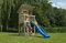Gartenwelt Riegelsberger Spielturm Beach Hut aus naturbelassenem Lärchenholz B130 x T150 x H329 cm mit Kletterwand Wellenrutsche BLAU Sandkasten Bodenanker Leiter und Griffe