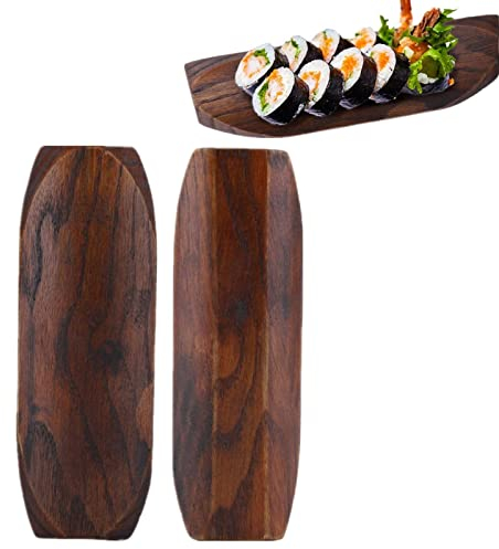 Assiette à sushi en bois 2 pièces, plateau à sushi japonais, assiette de service en bois, assiette à dessert en bois, design cannelé 6,69 x 2,36 pouces