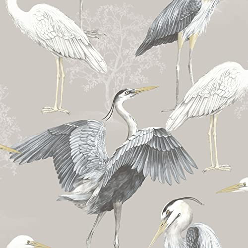 Elegant Homes Heron Birds The Design Library Wallpaper Grey Taupe White Natural