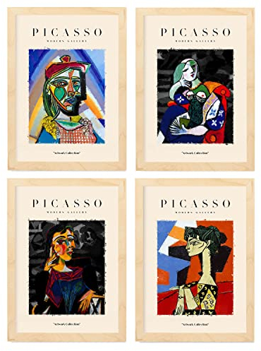 Nacnic Set mit 4 Illustrationen von Picasso, Kollektion des Duells, bunte Illustrationen im Kunstgalerie-Stil, Innendekoration, A4, mit holzfarbenem Rahmen.