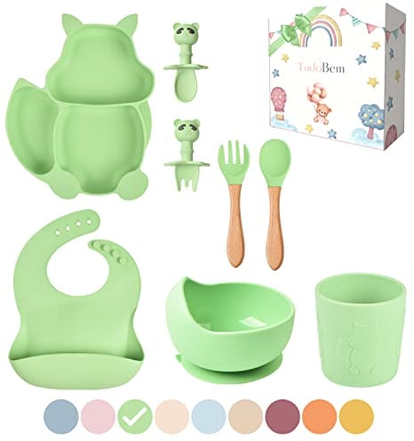 TudoBem Coffret Repas Bebe Accessoire [8 Pièces], Set Vaisselle Bebe 1er age, Assiette Bebe, Bol Ventouse pour Bébé, Cadeau Bebe Garcon, Vaisselle Enfant Complete, Bôite Cadeau Prête à Offrir, Vert