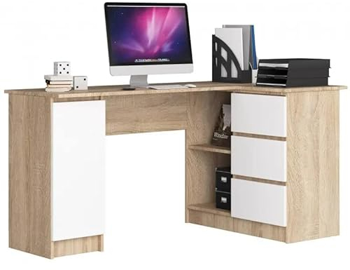 Happy Babies Eck-Schreibtisch 155x77x85 Computertisch mit 3 Schubladen 2 Ablagen und Regalfach mit Tür Ecktisch Schreibtisch für Home Office Einfache Montage Sonoma Eiche/Weiß