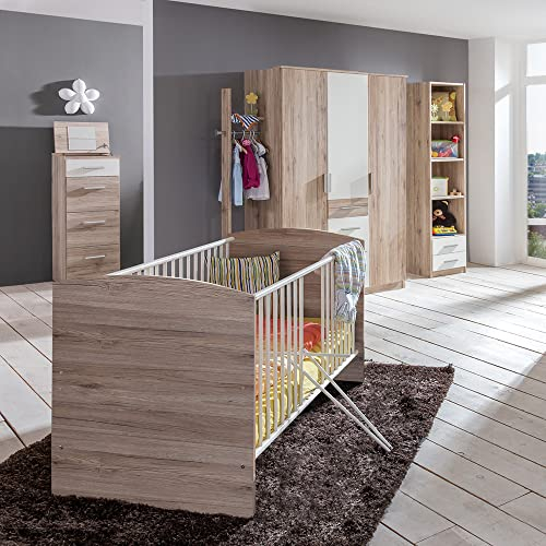 Lomadox Babyzimmer komplett Set Kleiderschrank Babybett Gitterbett Regal Hochkommode in Eiche Nb. mit weiß